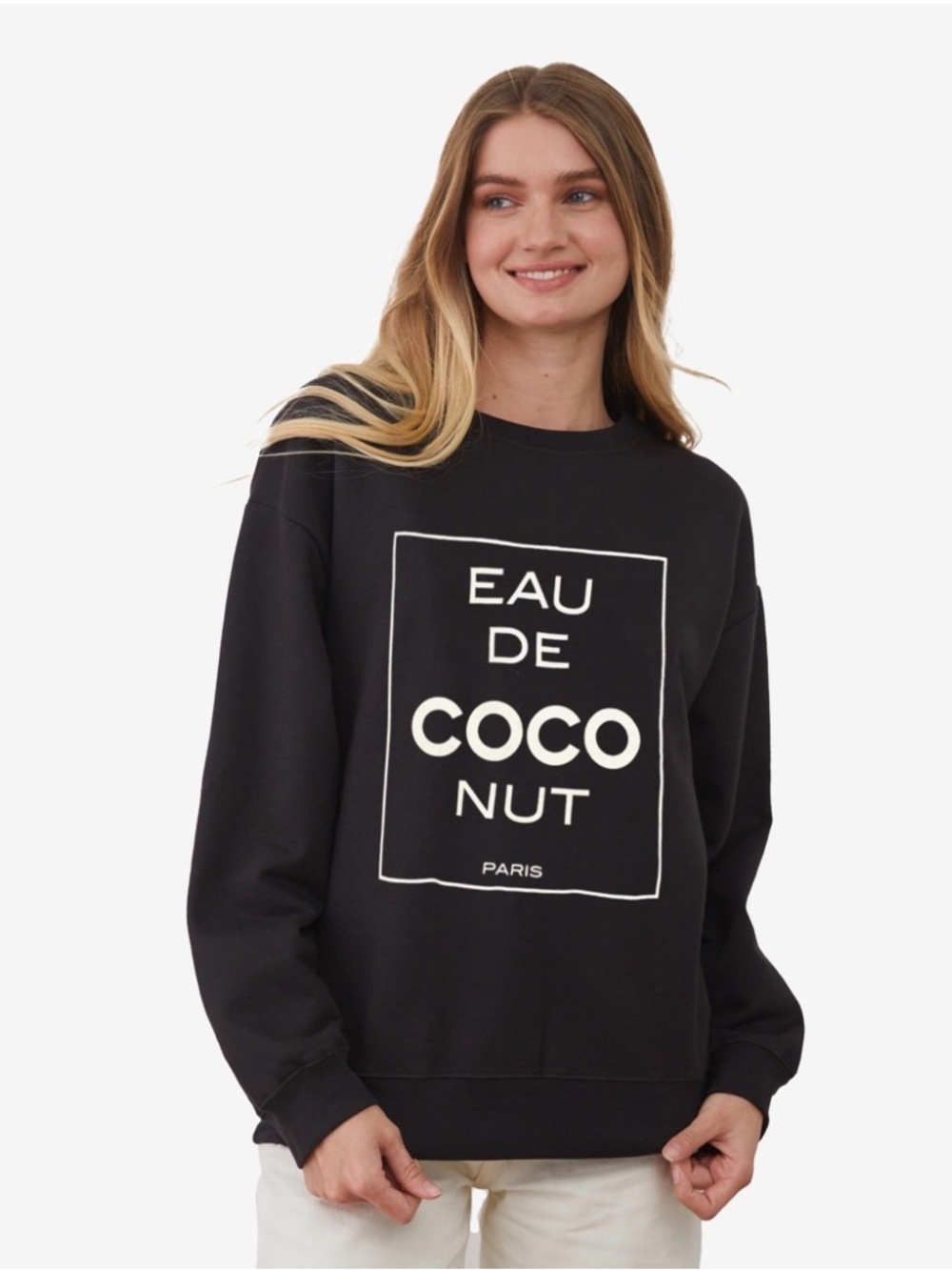 Black Graphic Long-Sleeve Tee with 'EAU DE COCO NUT' Print
